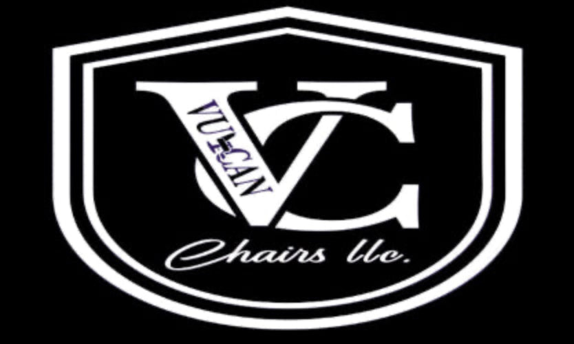 Logo of Vulcan Chairs LLC with a shield shape on a black background